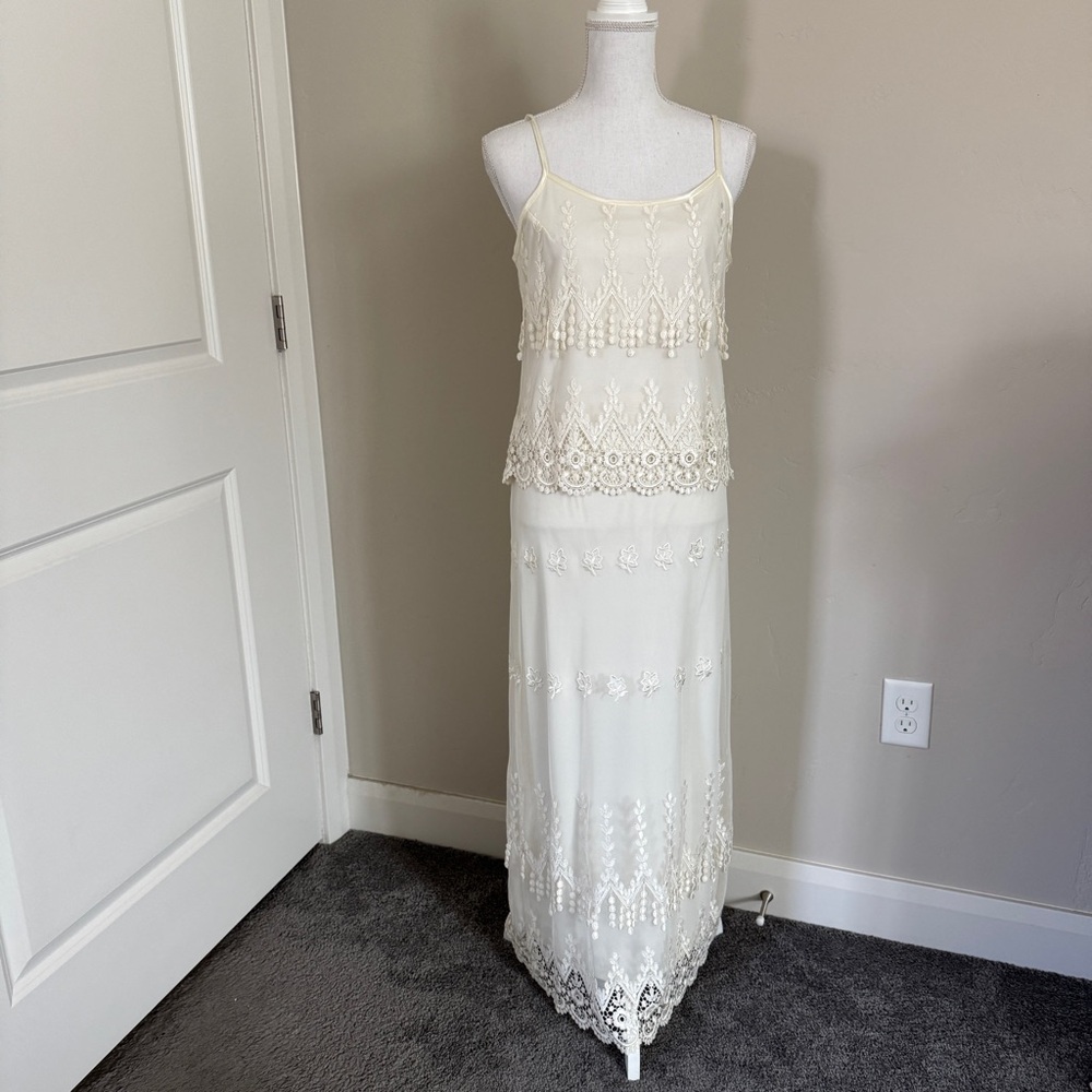 Vintage Elena Collection Cream Lace Coordinated Tank Top Maxi Skirt Set Boho
